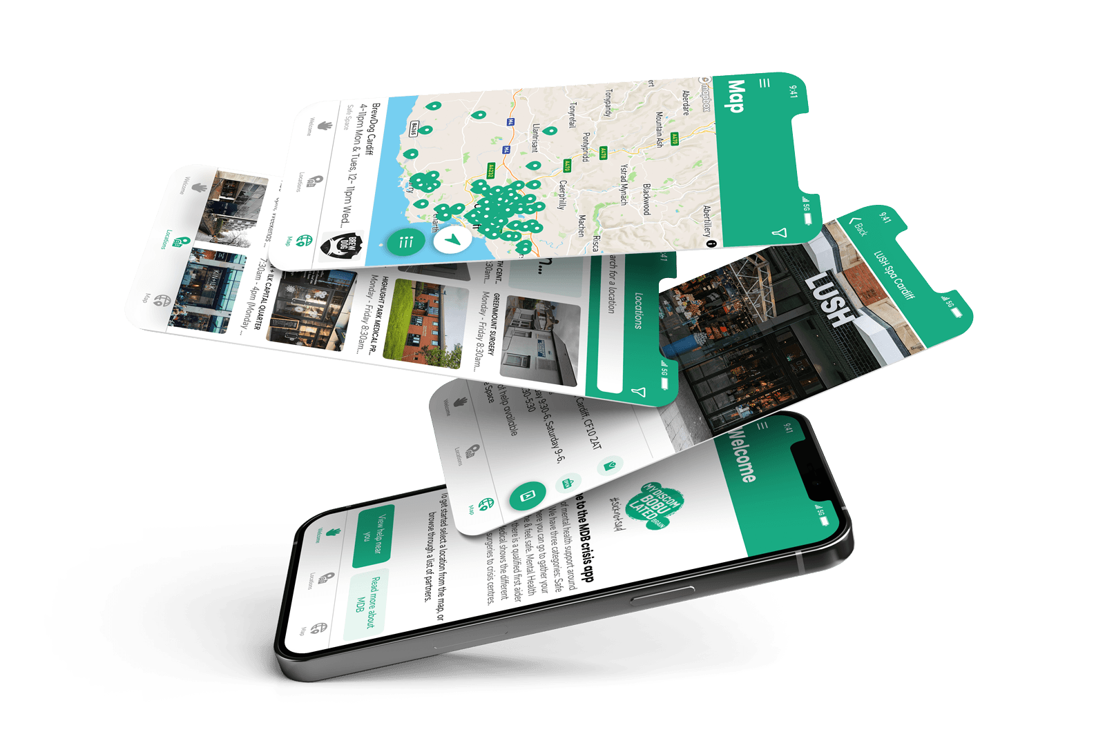 A stack of app visuals highlighting the individual features of the MDB app