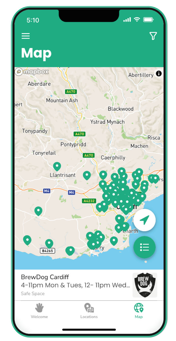 A view of the app showing on a map all of the safe places through the city